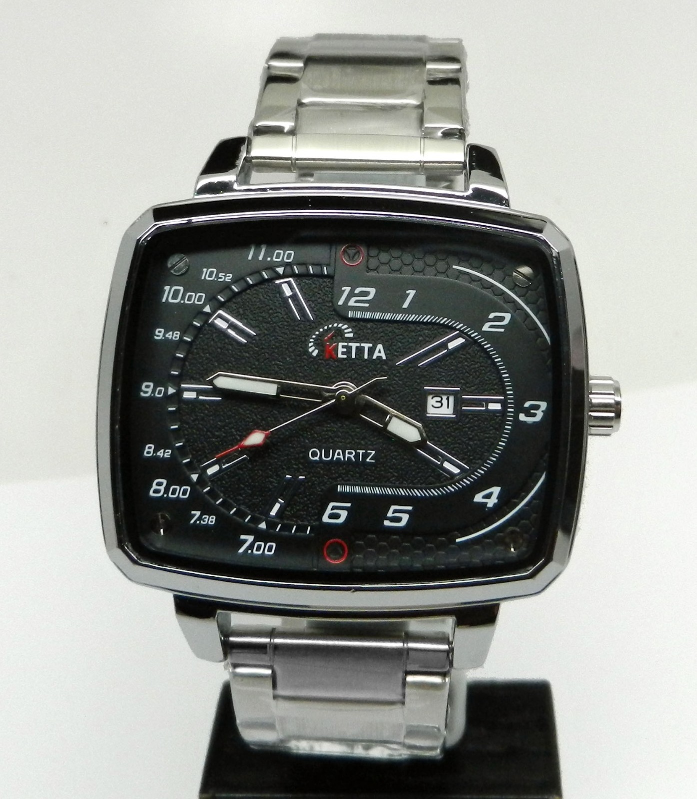 Men’s Vintage Retro TV Style Watch Black Rectangular Date Dial Large 47mm x 42mm