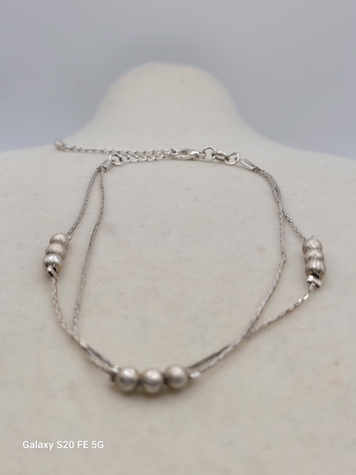 Vintage Sterling Liquid Silver Double Strand Beaded Ankle Bracelet Adjustable