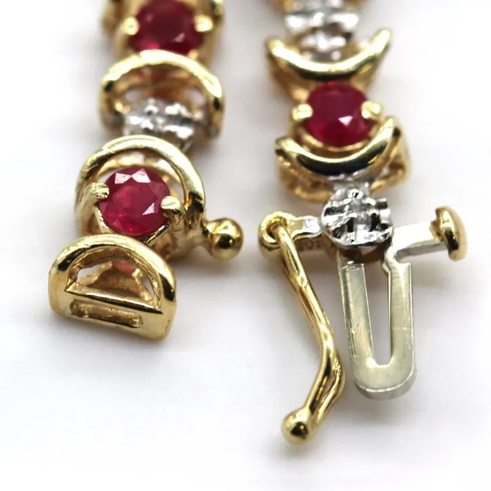 10k Yellow Gold Natural Ruby and Diamond Lined Crescent Chain Bracelet 7 inches