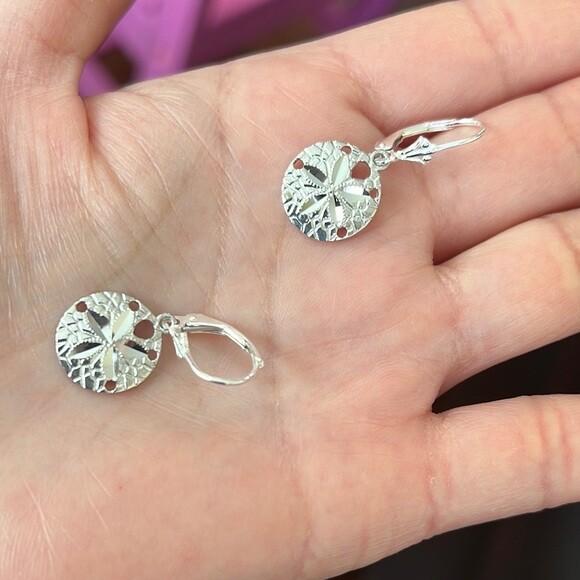 14k White Gold Textured Sand Dollar Sea Star Drop / Dangle Leverback Earrings