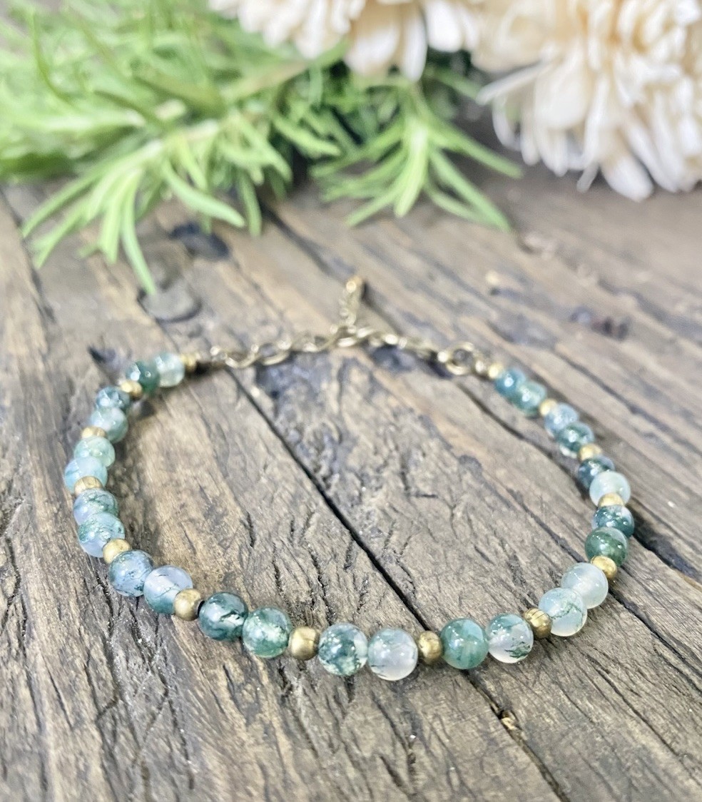 Tiny Gemstone Beaded Bracelet, Green Tree Agate, Bronze Chain