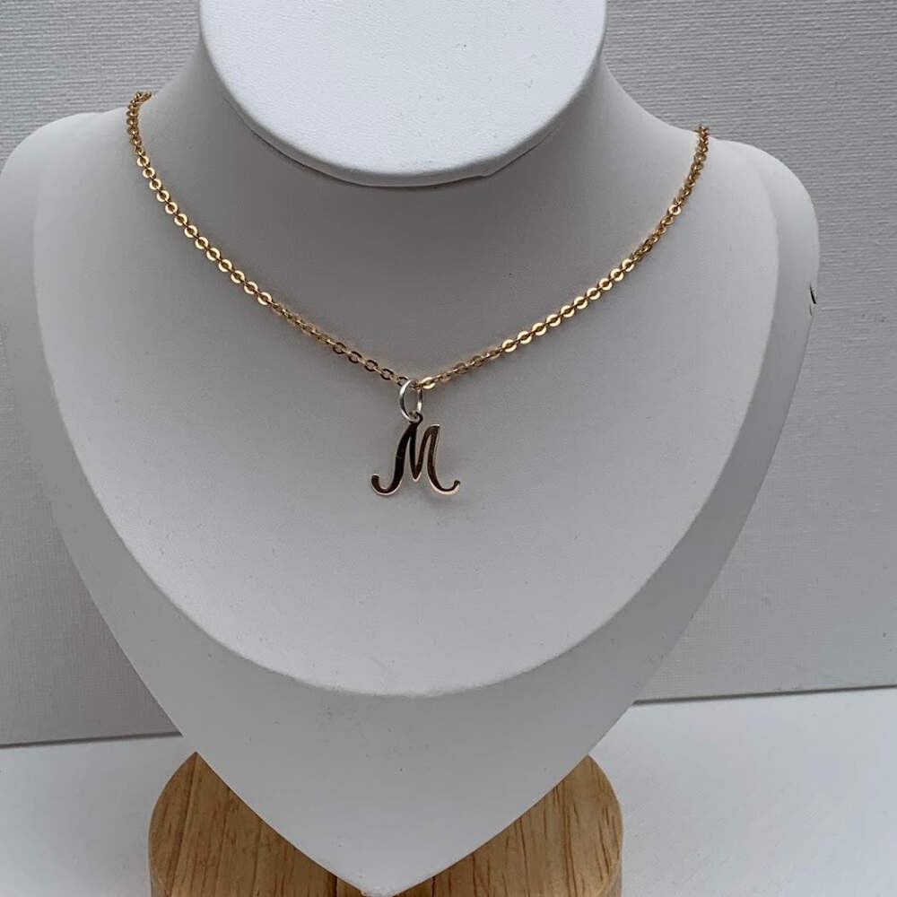 9K Gold Script Letter M Pendant with Sterling Silver Bail