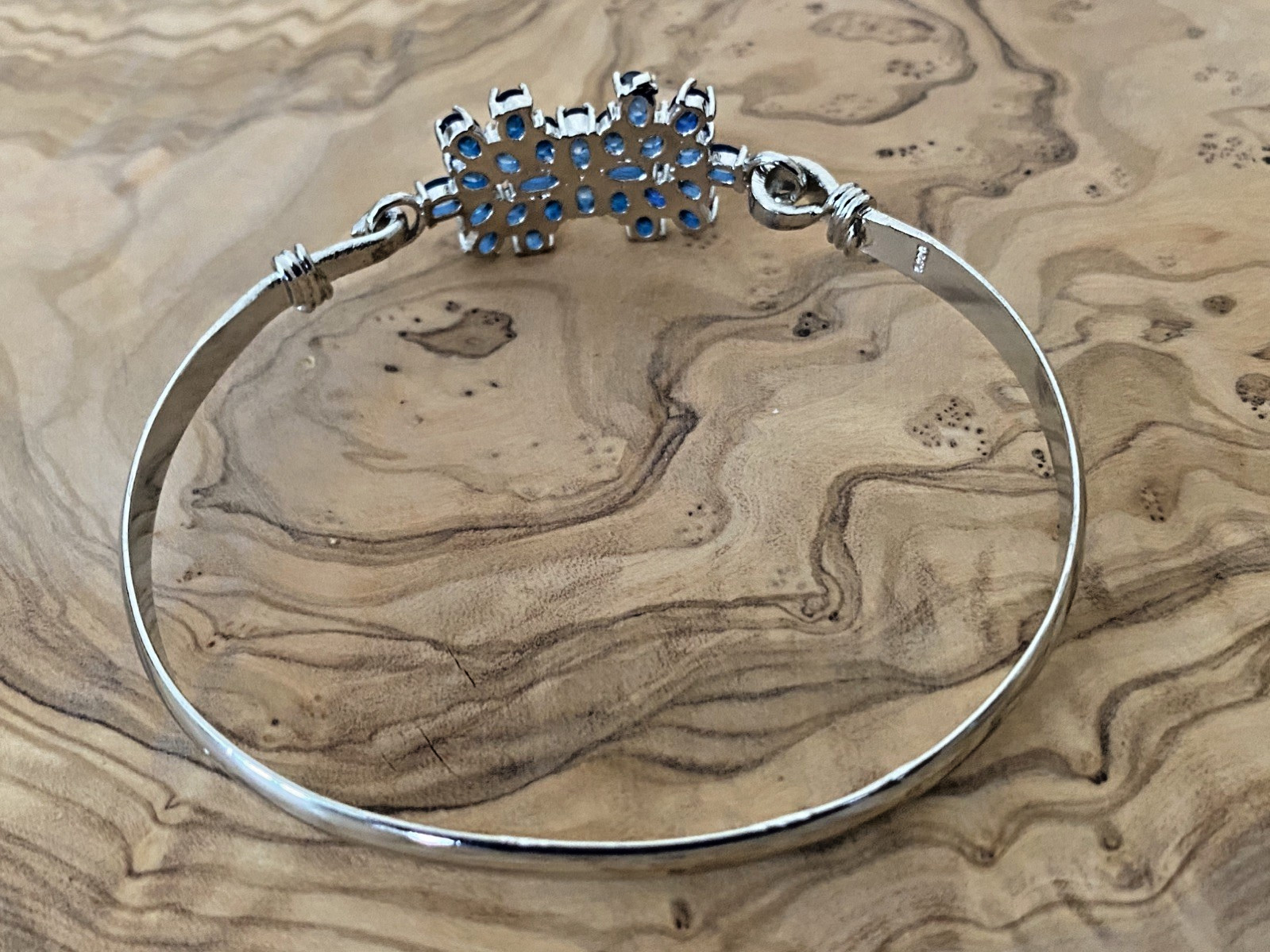 Blue Tanzanite Glass Floral Bangle Bracelet, 925 Sterling Silver, 2.8 in W