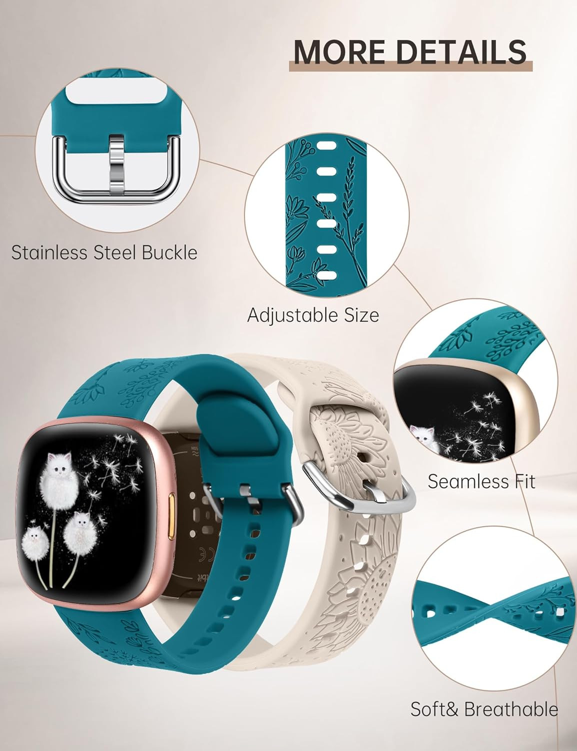 2 Packs Floral Engraved Band Compatible with Fitbit Versa 4/Versa 3/Sense 2/Sens