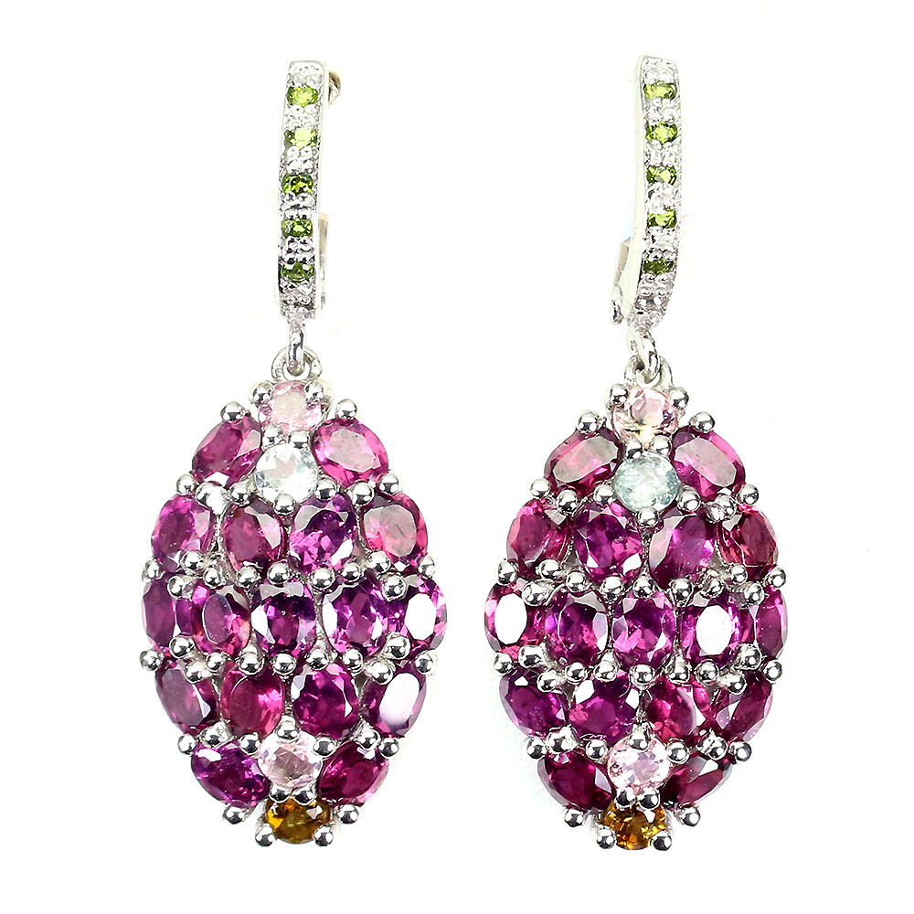 925 Sterling Silver Earrings Oval Rhodolite Tourmaline Natural Gemstone Jewelry