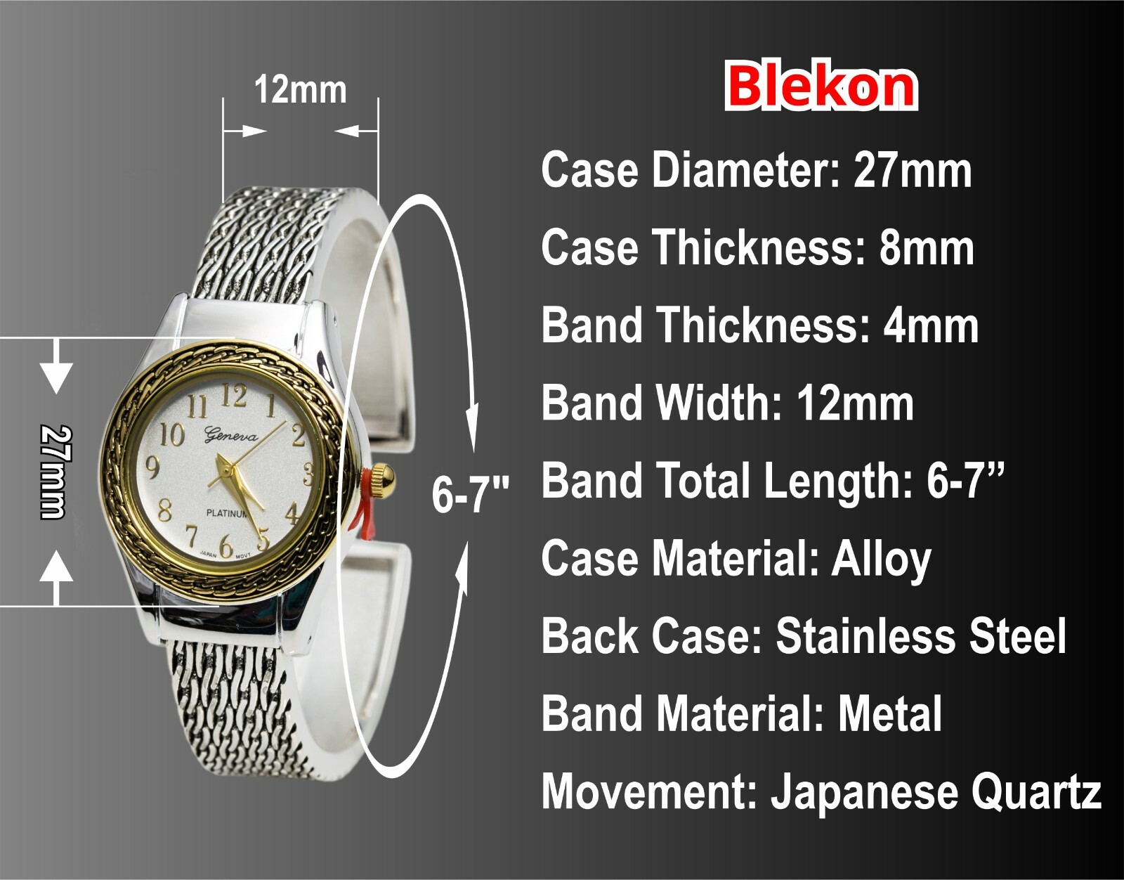 Blekon Collections Japanese Quartz Women’s 27mm Case Metal Concho Bangle Watch