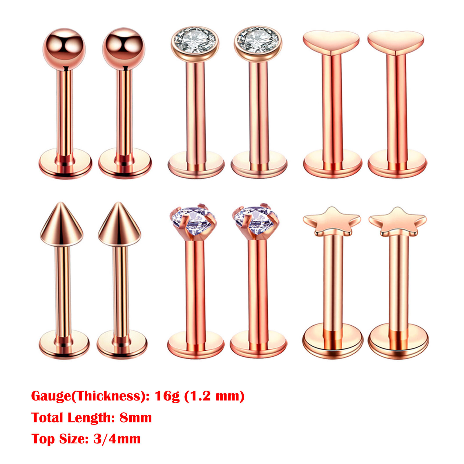 4-24pcs CZ Gems Labret Monroe Lip Rings Helix Tragus Earring Studs 16G Piercing