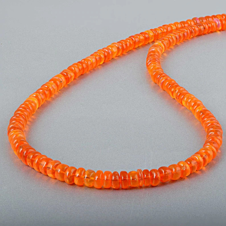 Natural Mexican Fire Opal Smooth Rondelle Beads 925 Silver Handmade Necklace 18″