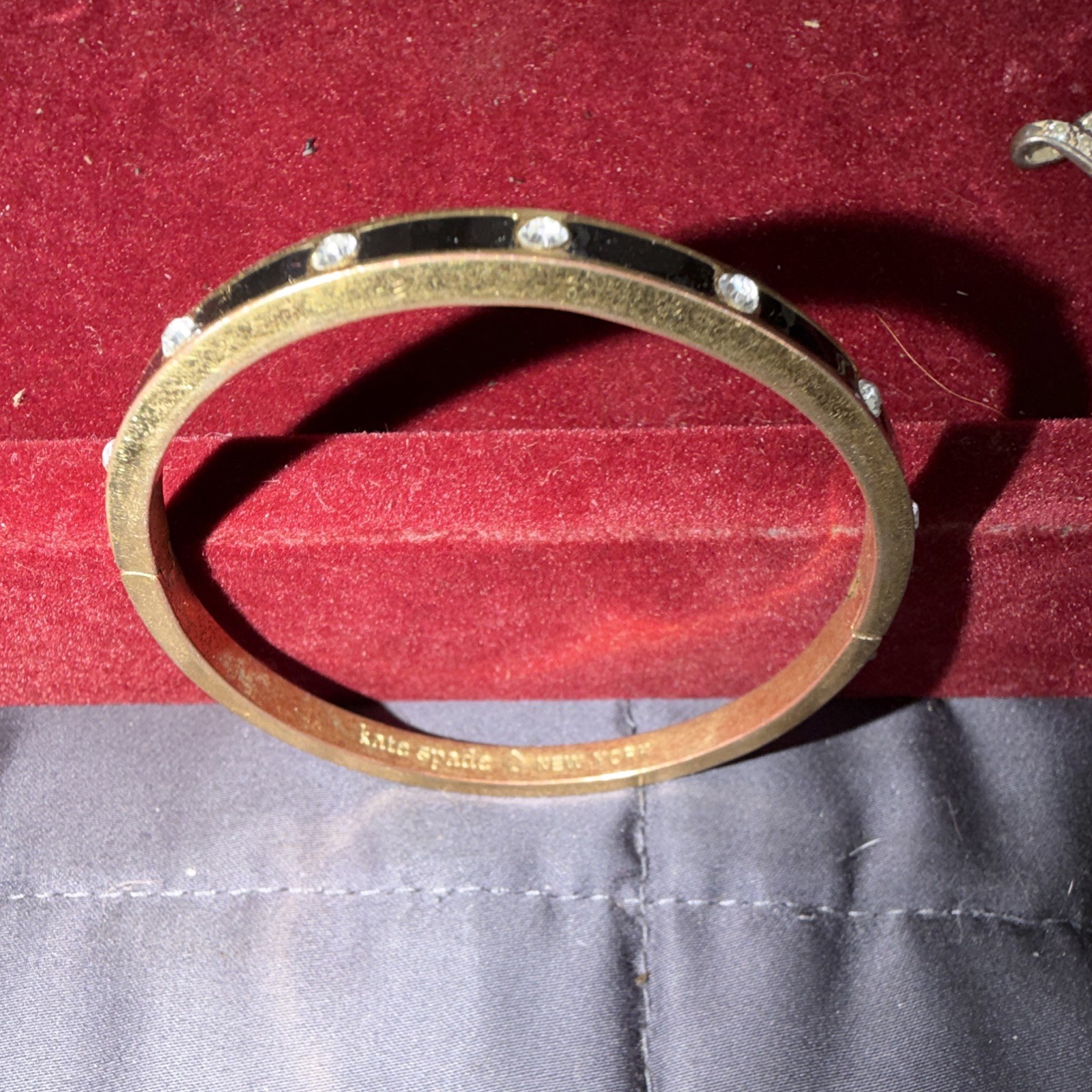 Kate Spade New York Signed Gold Tone Black Enamel Crystal Hinged Bangle