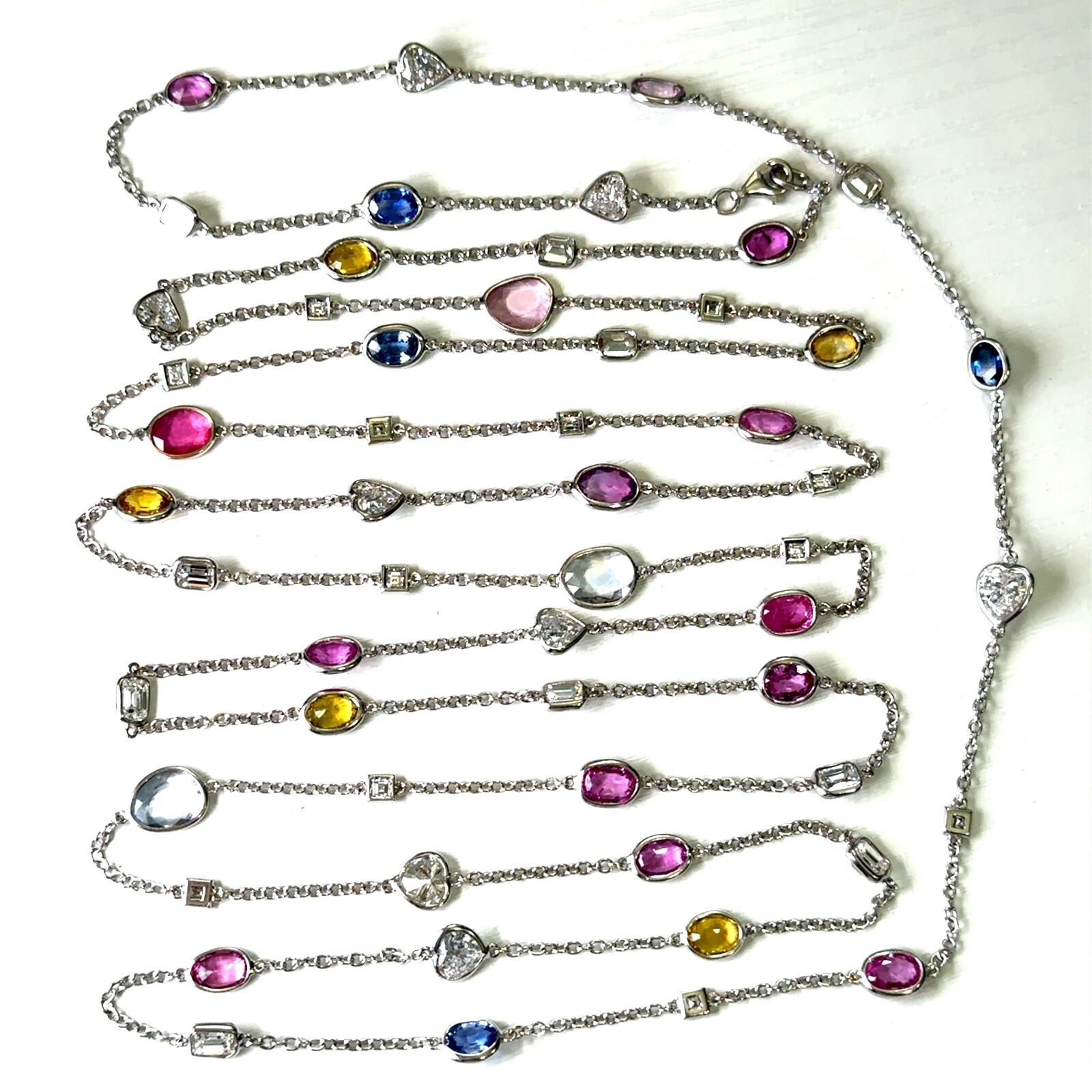 18K White Gold Fancy Cut Natural Diamonds & Multicolor Sapphire Necklace 64″