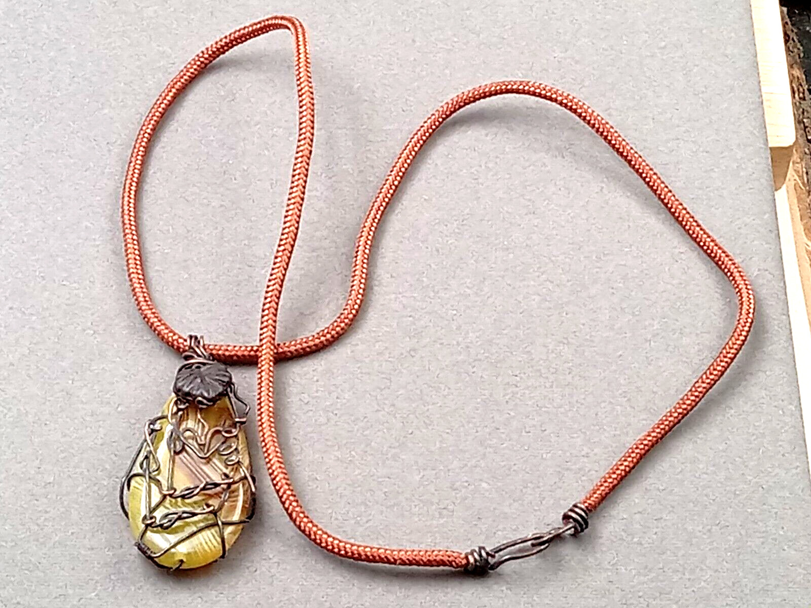 Beautiful Banded Gemstone Pendant Wrapped in Copper Wire on 22″ Cord Necklace