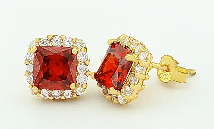 LAB CREATED 2.50 Cts GARNET & W/SAPPHIRES EARRING 14K YELLOW GOLD PLATED (.925)