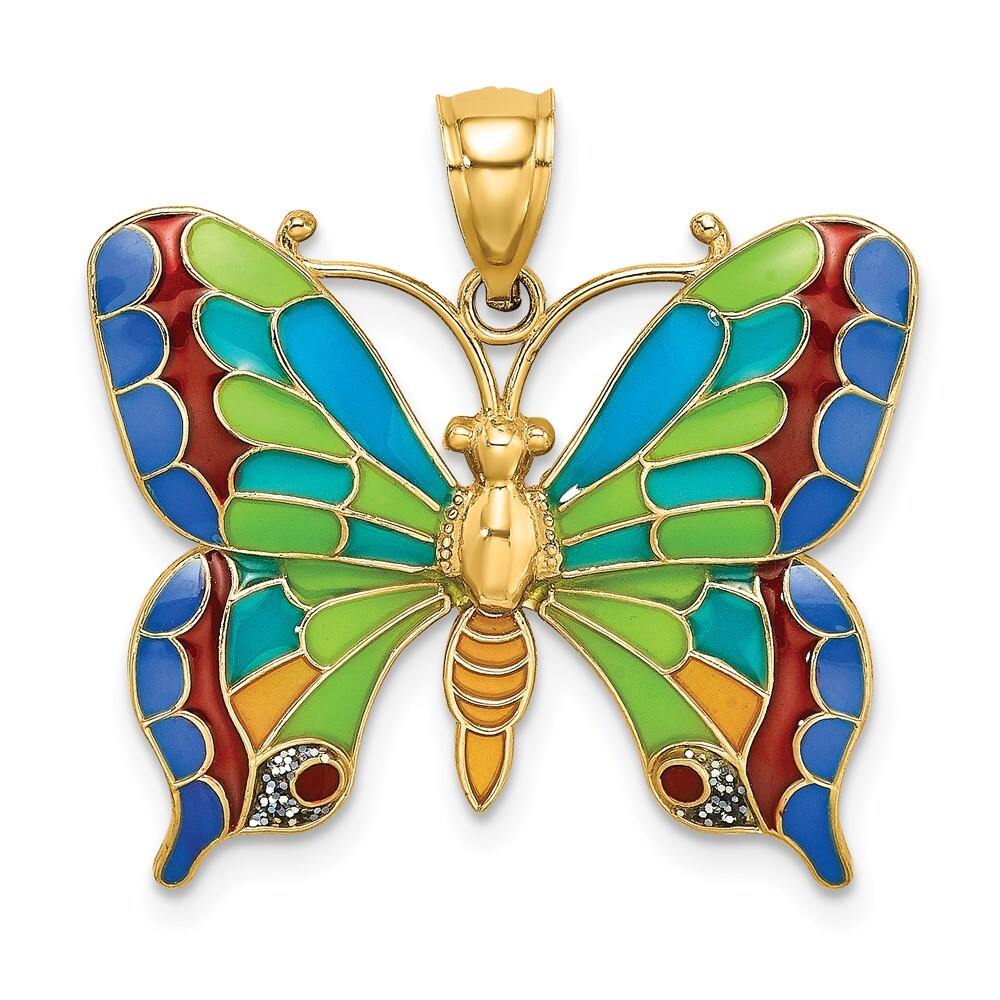 14k Yellow Gold Enameled Butterfly Pendant for Women 1.69g L-27.75mm, W-25.9mm