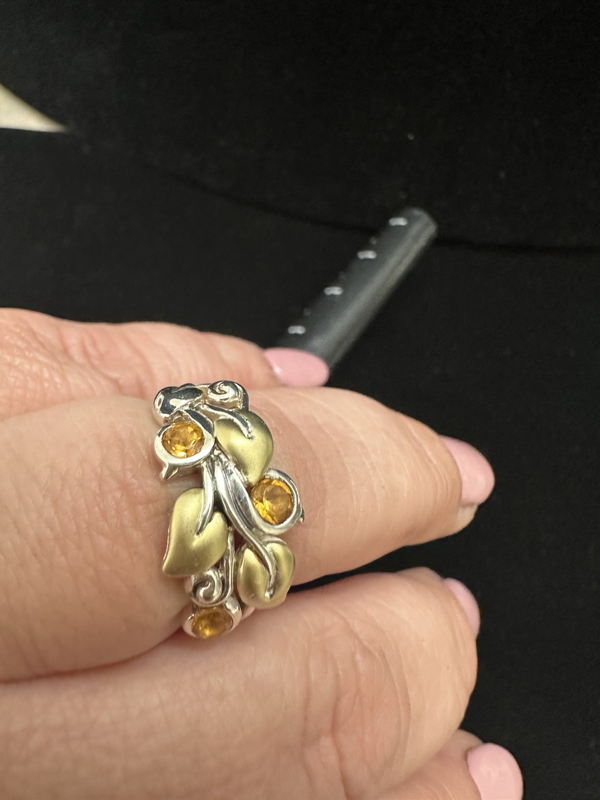 Barbara Bixby Sterling 925 & 18k Gold Leaves Citrine Gemstone Band Ring Size 8