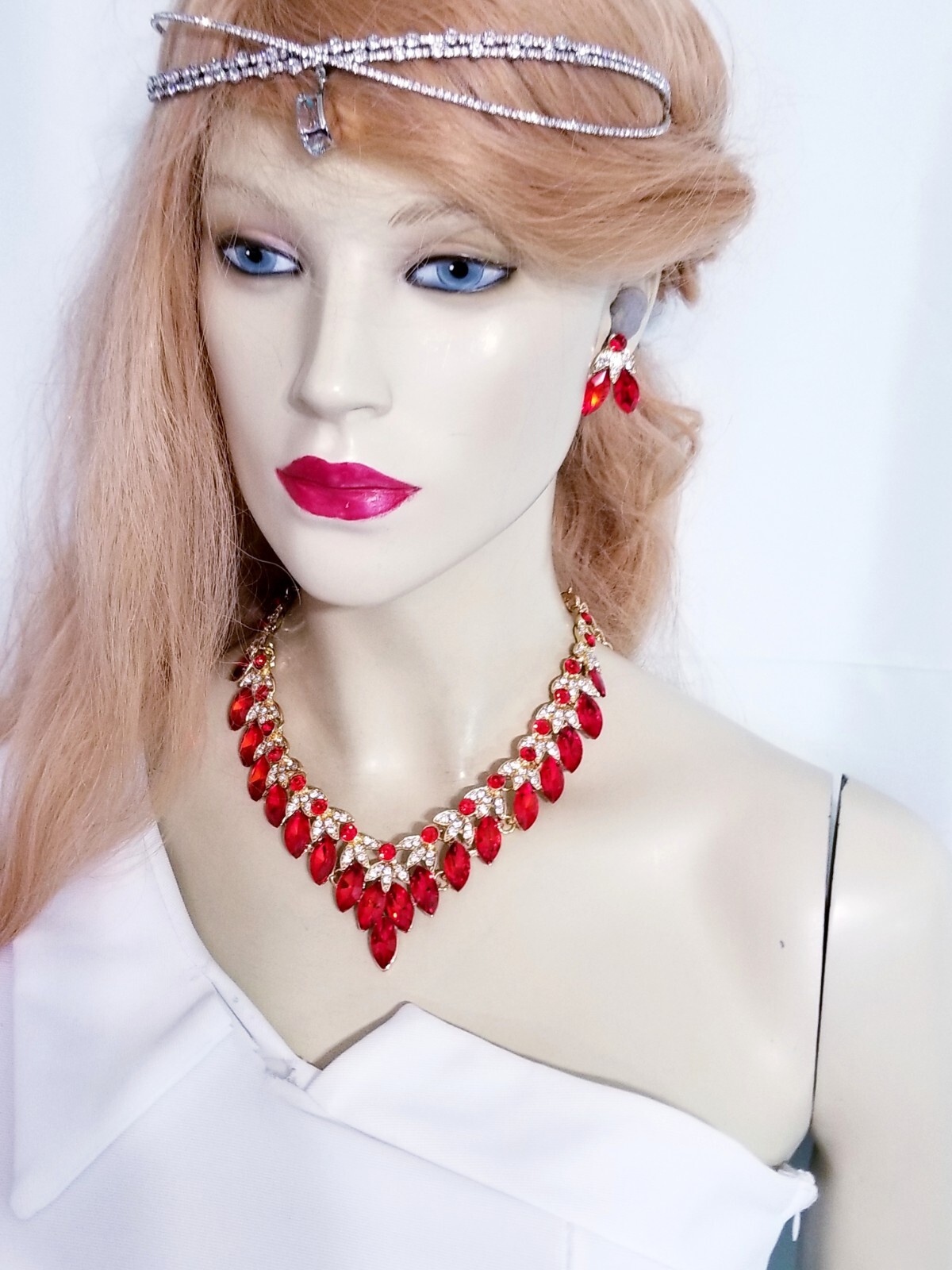 Red Crystal Choker Rhinestone Necklace Earring Set Bridal Prom Pageant