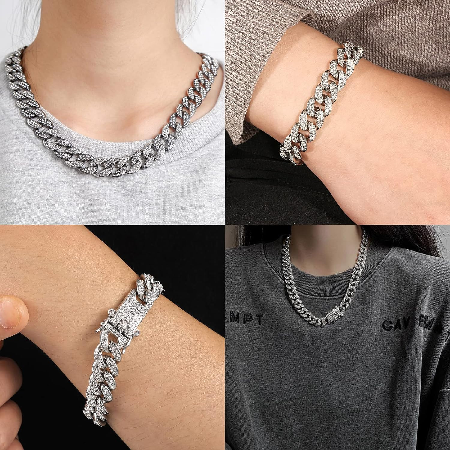 Men’s Cuban Link Chain & Bracelet Set, Silver Iced Out Diamond Hip Hop Jewelry