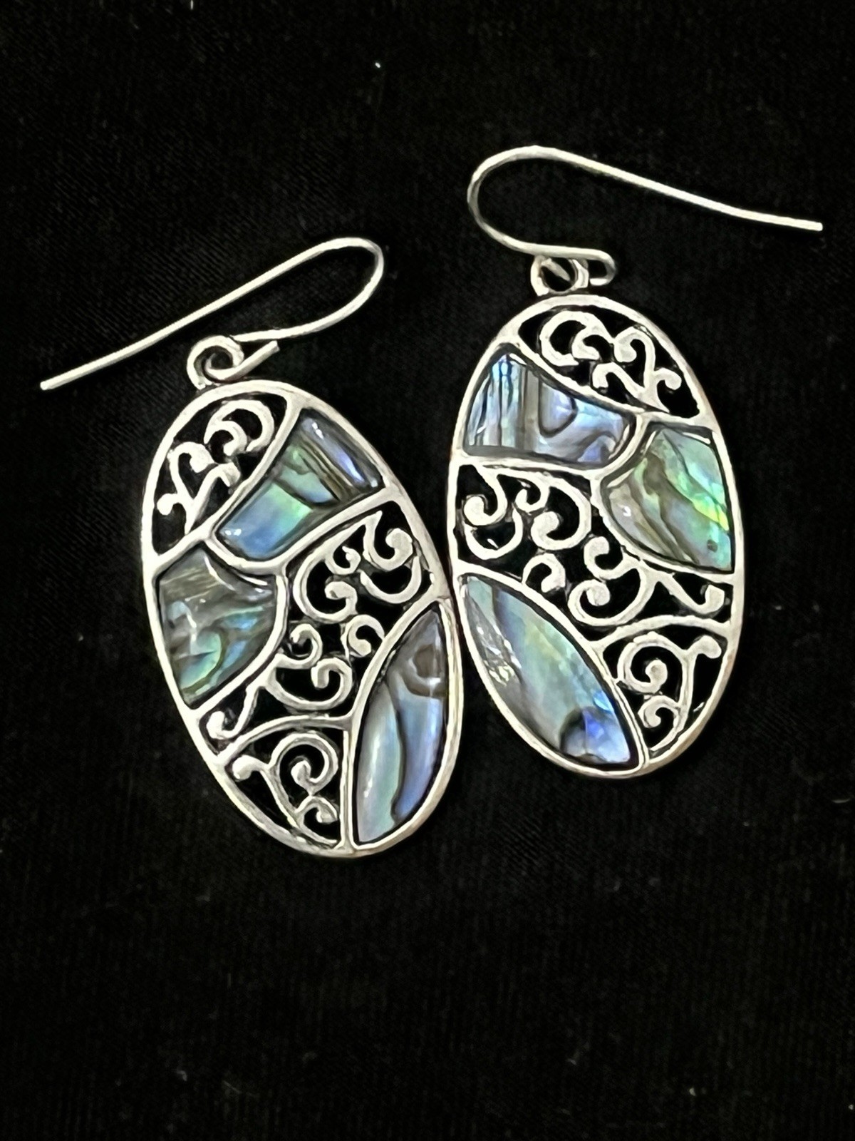 Abalone Shell Heart Pendant Necklace & Earrings Set Silver Tone Filigree 15–19”