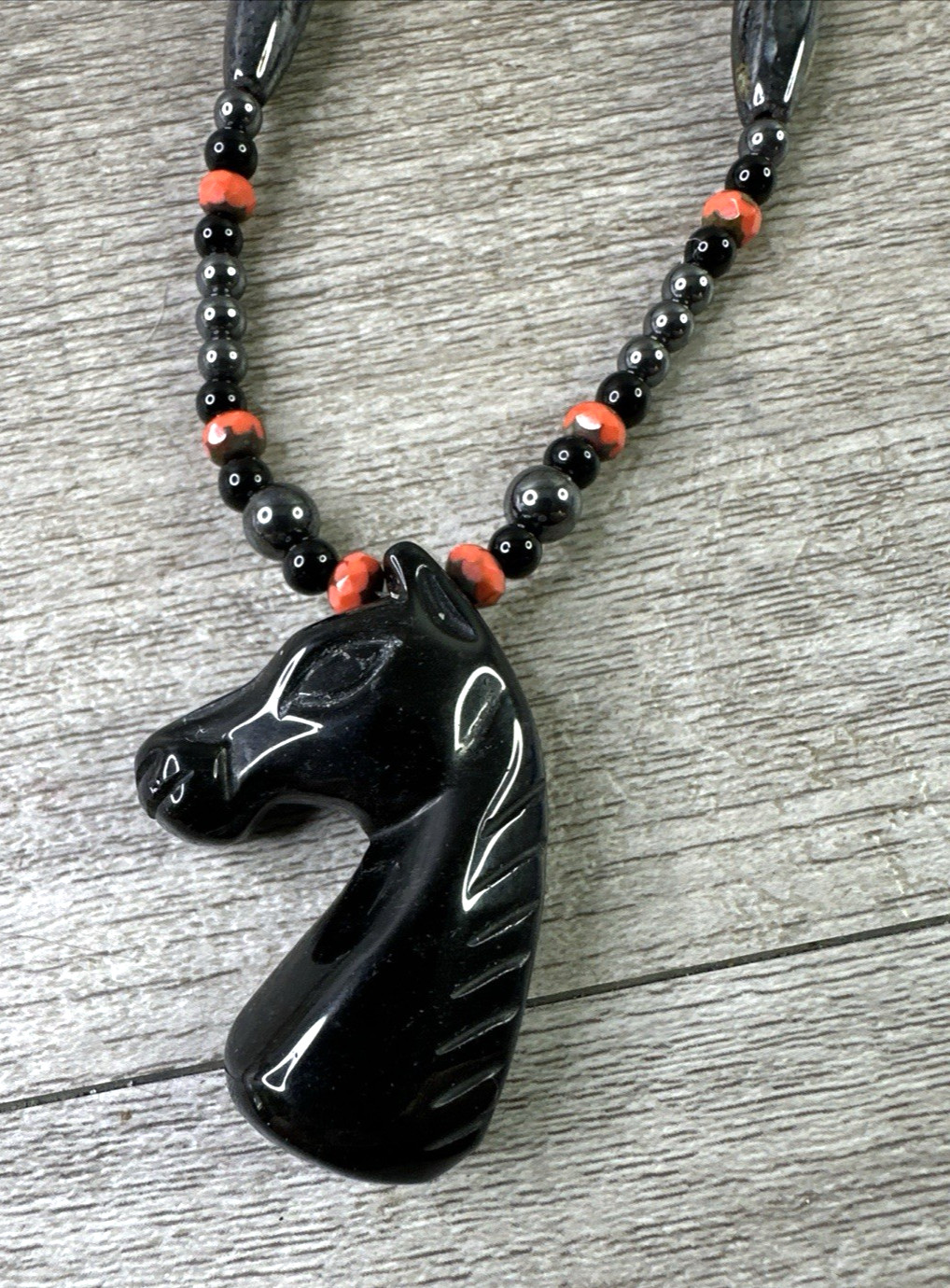 Artisan Handmade In MT Black Stone Horse Pendant Necklace 19″