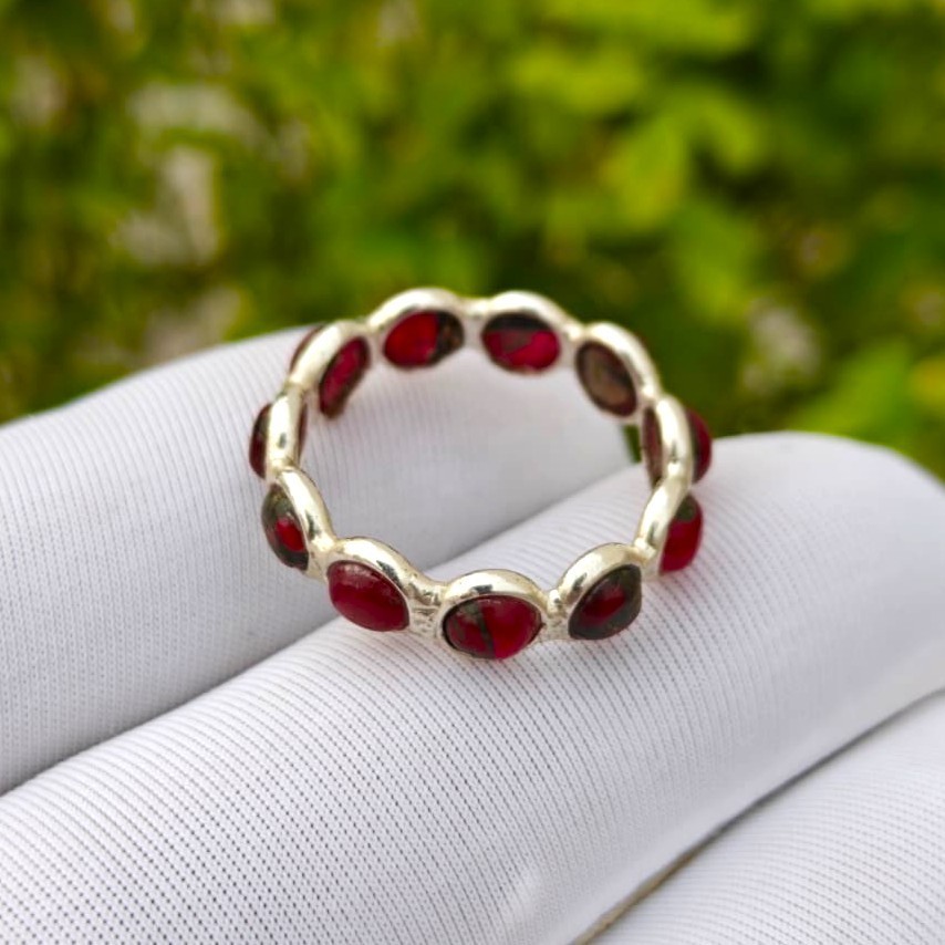 Handmade Red Copper Turquoise Sterling Silver Full Eternity Band Ring