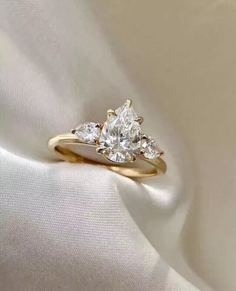 Three Stone Promise Ring 2CT Pear Cut Simulated Diamond 14K Yellow Gold Plated