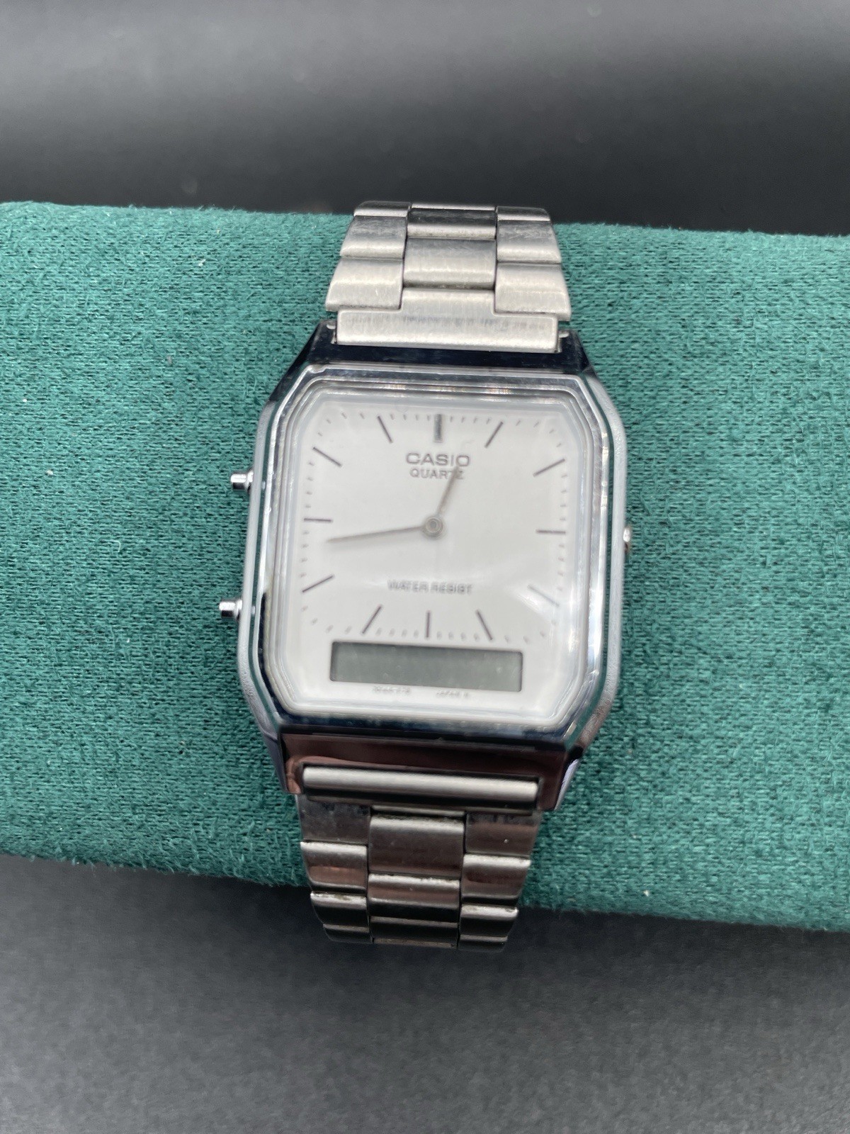 Casio AQ-230 Ana Digi Watch Silver Retro Square Japan Movt Vintage Style