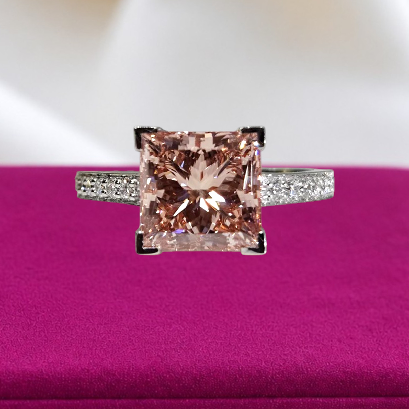 3.20 Ct Fancy Vivid Pink Princess Cut IGI Lab Grown Diamond Ring 14k White Gold