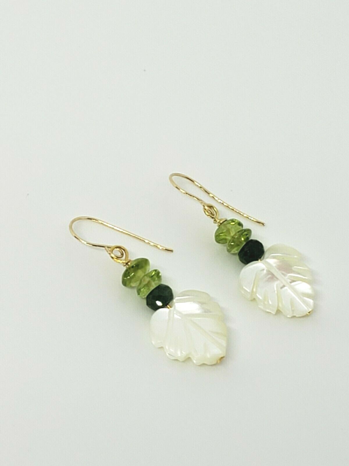 14k Yellow Gold White Iridescent Shell Leaf and Green Sapphire Dangle Earrings