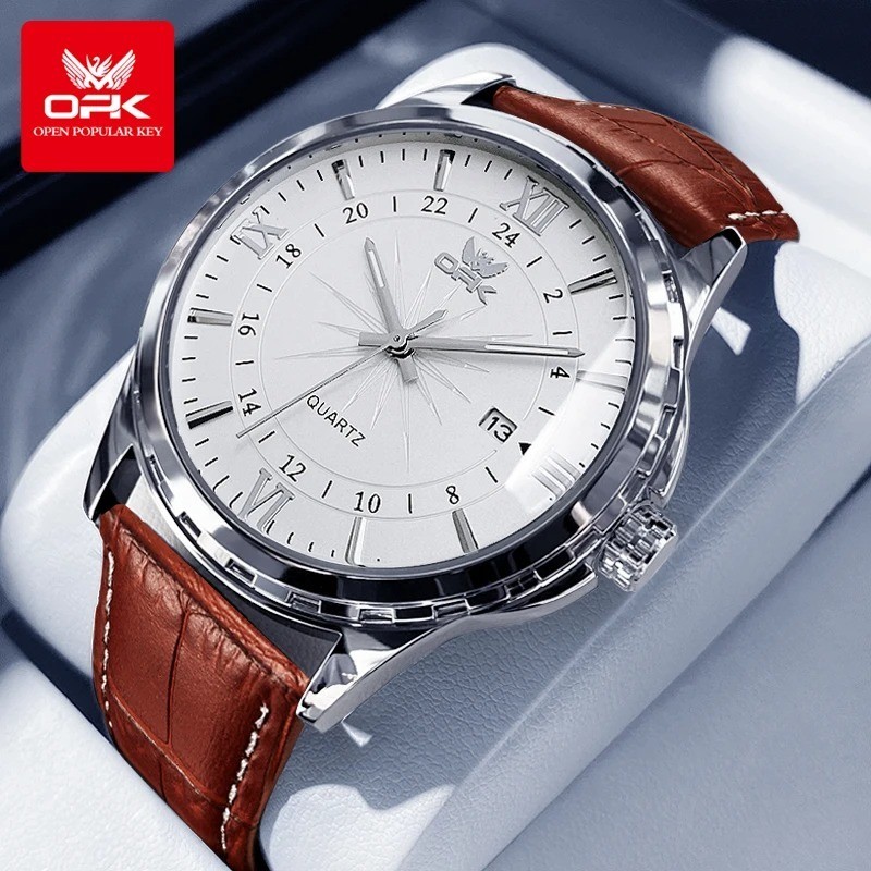 OPK Quartz Watch Men Comfortable Leather Strap Waterproof Fashion Dress Wristwat