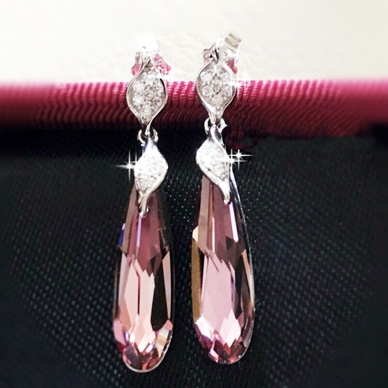 S925 Sterling Silver Made With SWAROVSKI Crystal Long Oval Amethyst Earrings