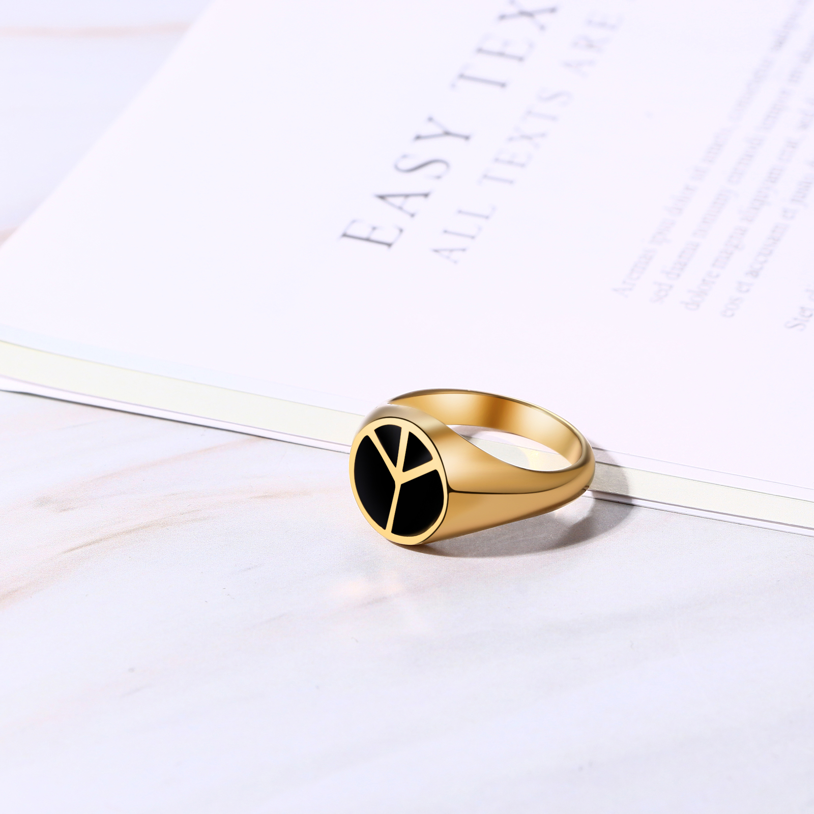 Men Gold Plated Stainless Steel Signet Ring Peace Sign Symbol No War Hippie Band