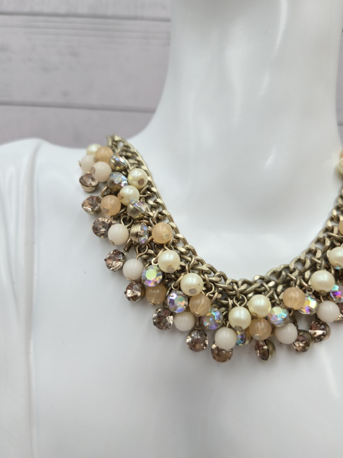 Lydell NYC Statement Necklace Chunky Beaded Rhinestone Gold Tone Bib Style 229