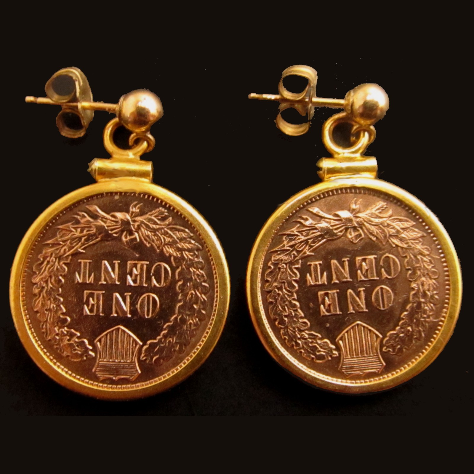 Coin Jewelry Earrings Vintage Indian Cent 14K Gold Filled Bezels and Ball Studs