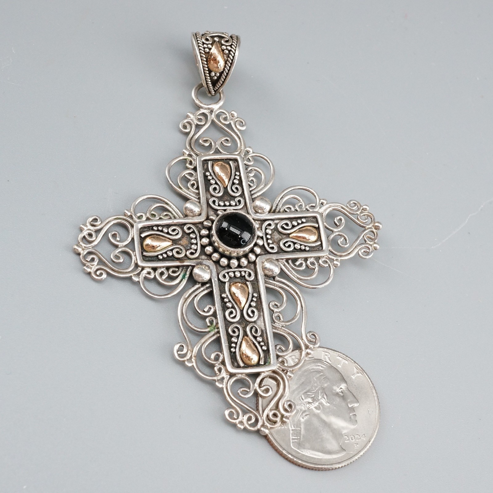 Ba Suarti Bali Sterling Silver 18k Gold Onyx Cross Pendant Large Ornate