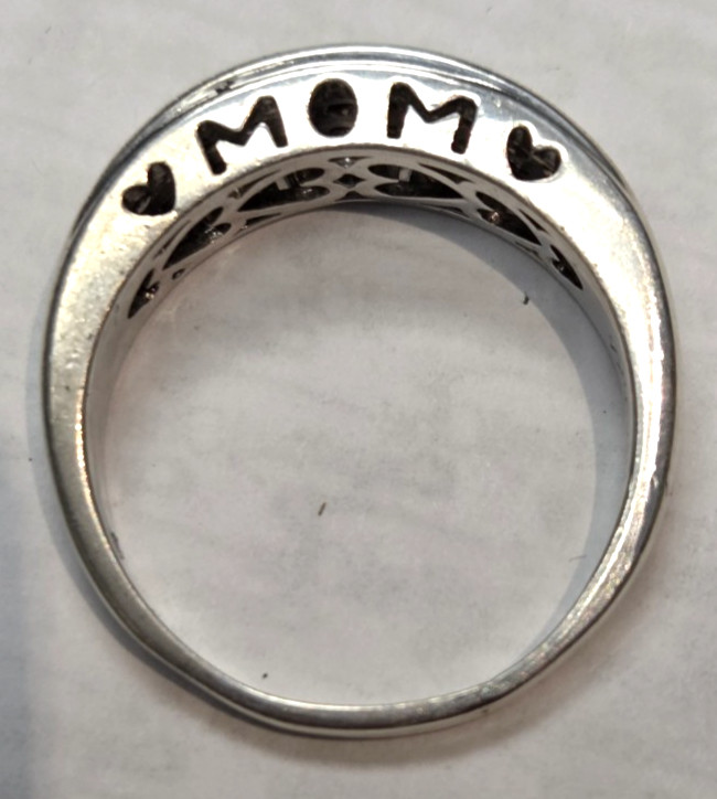 Elegant Sterling Silver 925 Signed Sun Real Diamond “MOM” Band Ring Size 9 1/8