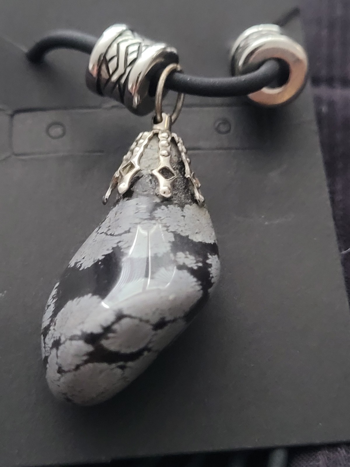 Black & Gray SnowflaObsidian Teardrop Pendant Necklace On Black Cord