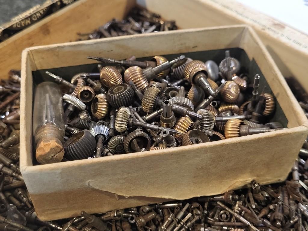 Cigar box of American Pocket watch stems, crowns, sleeves 1,000’s of pieces #1