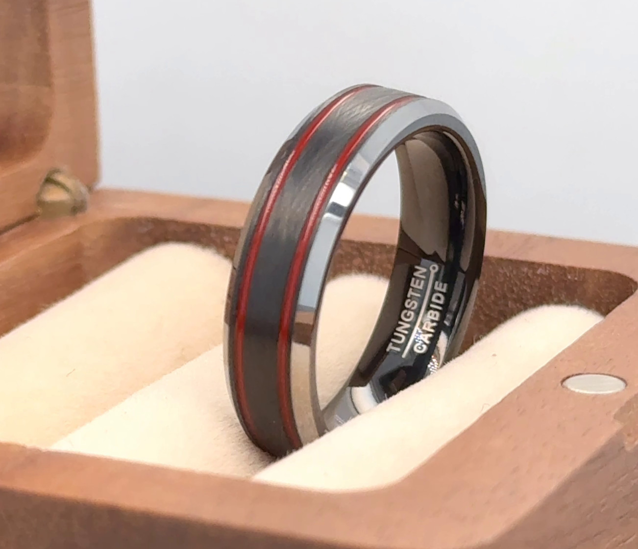 6mmBlack Tungsten With Red Striped Ring Stackable Comfort Fit Love Gifts Band