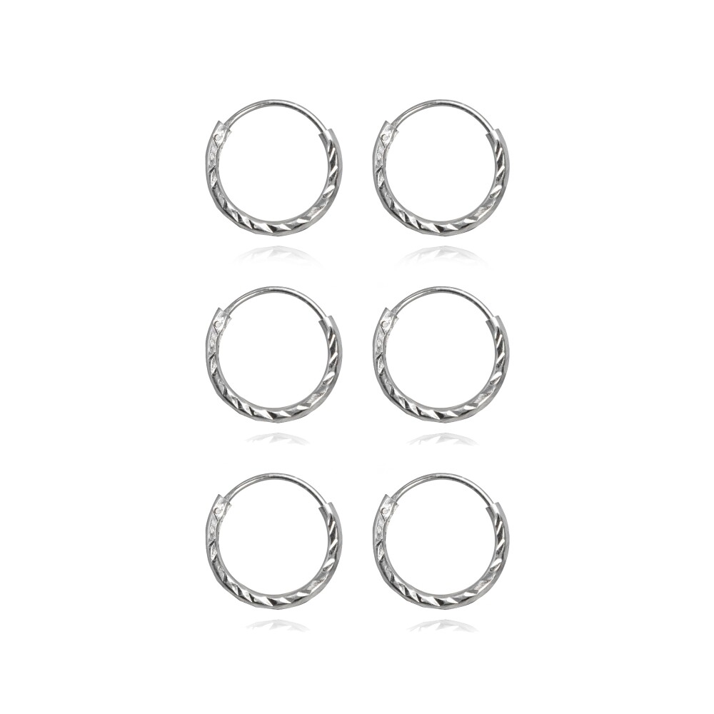 3 Pr Set 925 Silver Diamond-Cut Tiny Small Endless 10mm Thin Round Hoop Earrings