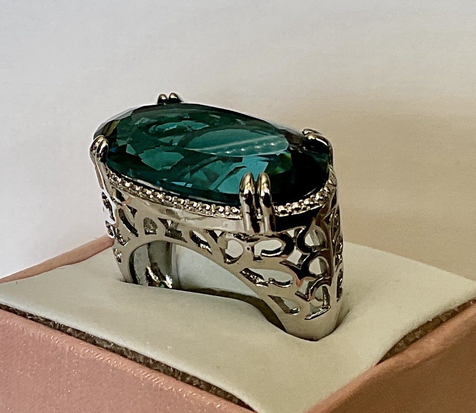 London Blue Topaz Ring – 18x13mm – 14.2Ctw – Filigree Setting In SS!!!