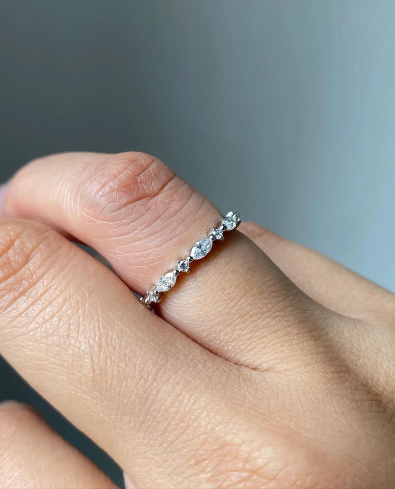 Marquise & Round CZ Stone Full Eternity Wedding Band 925 Silver Bridal Band Gift