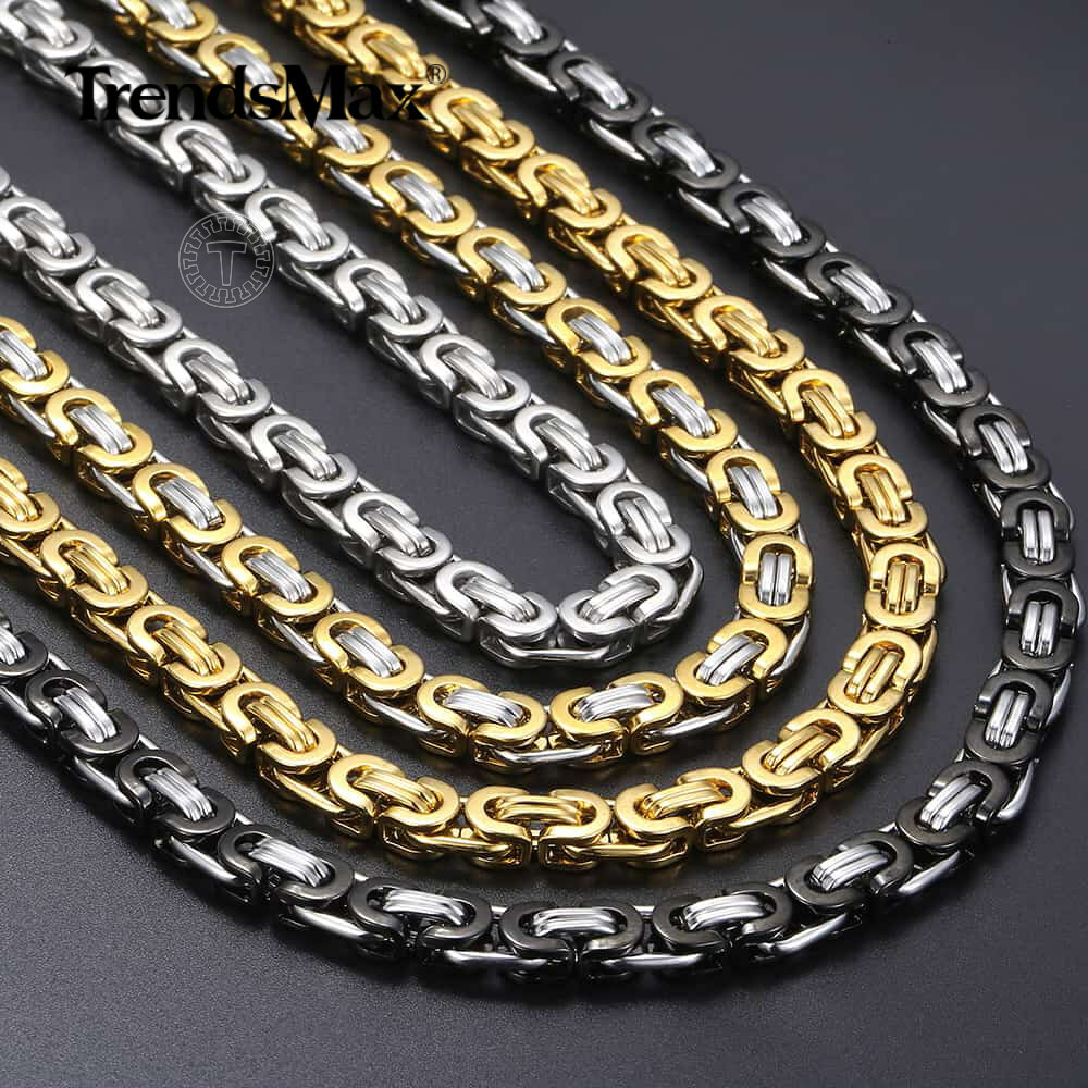Heavy Black/Silver/Gold Plated Stainless Steel Flat Byzantine Chain Necklace