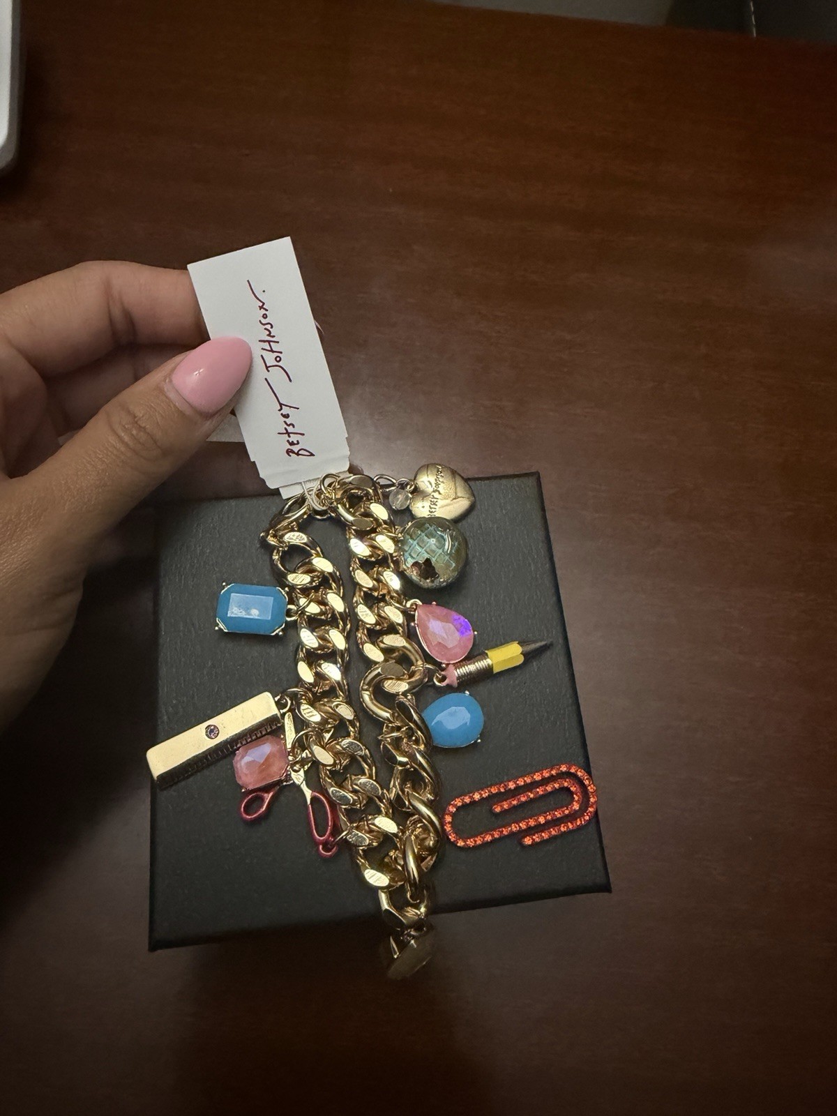 Betsey Johnson Gold Tone Curb Link Charm Bracelet Multicolor Crystal Signed