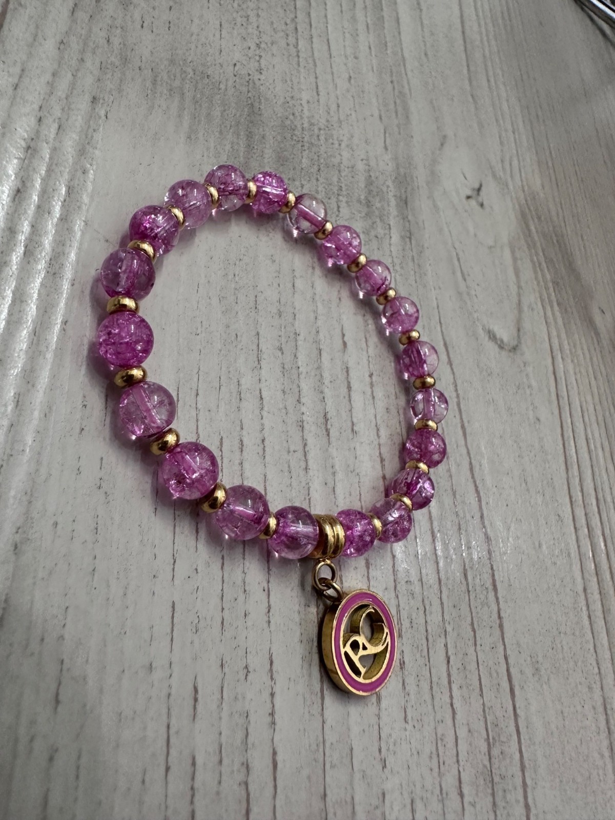 Rustic Cuff Pink Purple Beaded Stretch Bracelet Goldtone Pink Charm