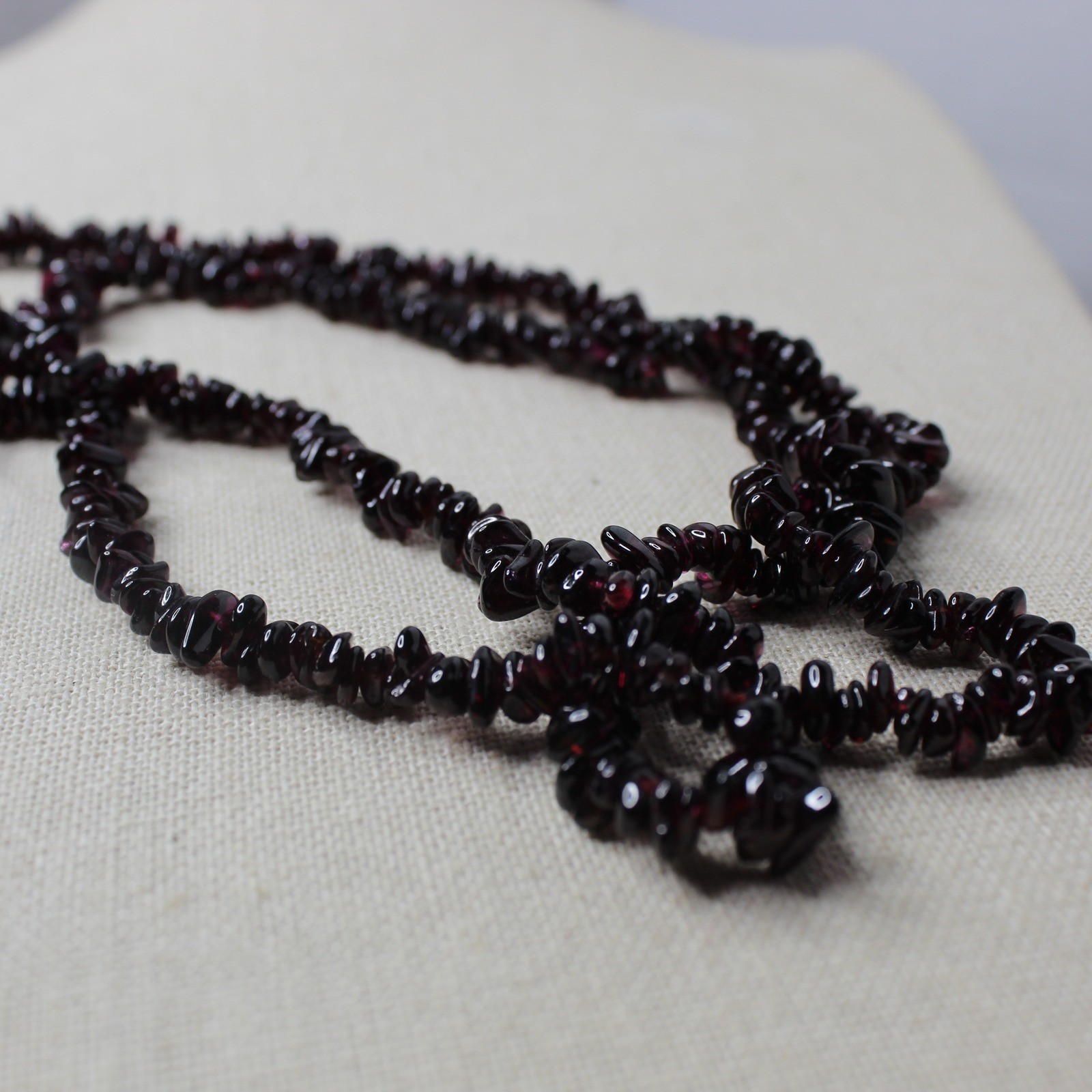 Garnet Chip Necklace Long Strand Beaded Gemstone 35in Deep Red Burgundy Boho