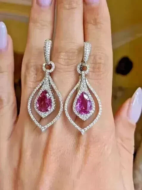 2.2Ct Pear Lab-Created Pink Sapphire Drop & Dangle Earring 14K White Gold Plated