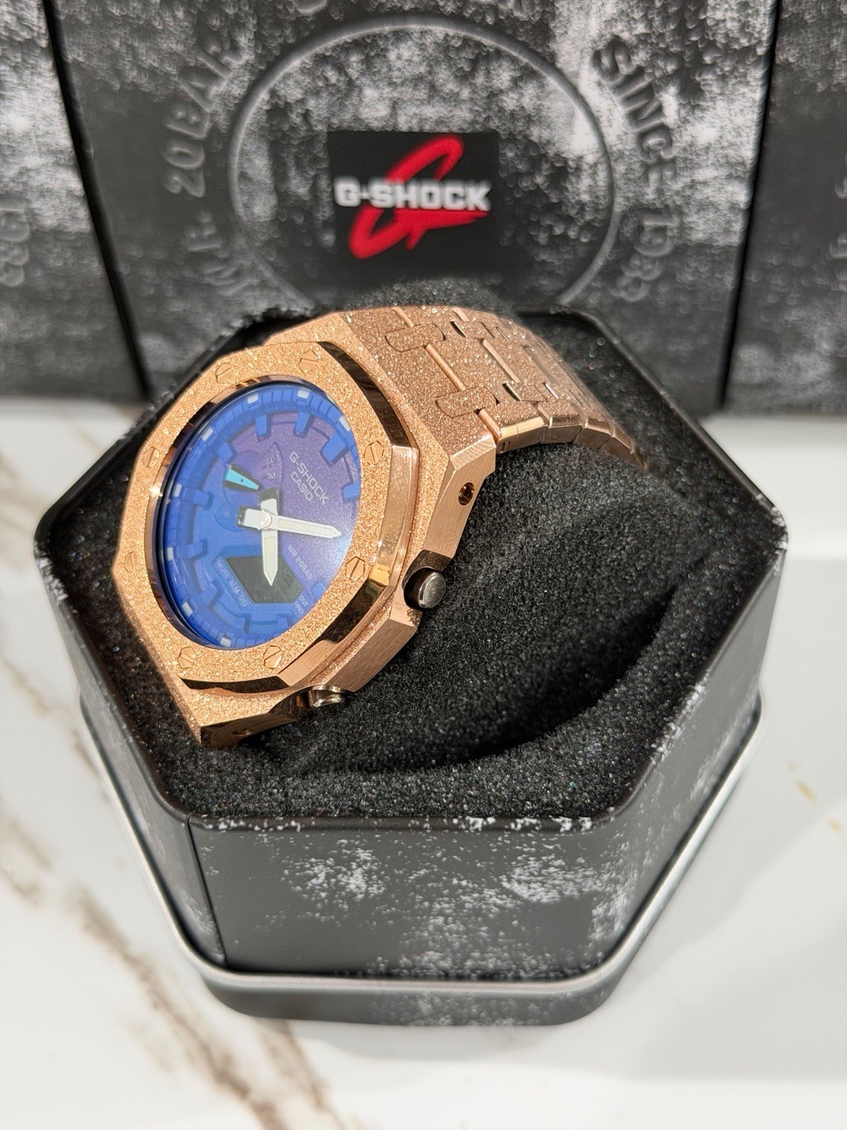 Casio GA-2100 G-Shock Watch – Sandblasted Gold Rose Frosted – Blue Dial