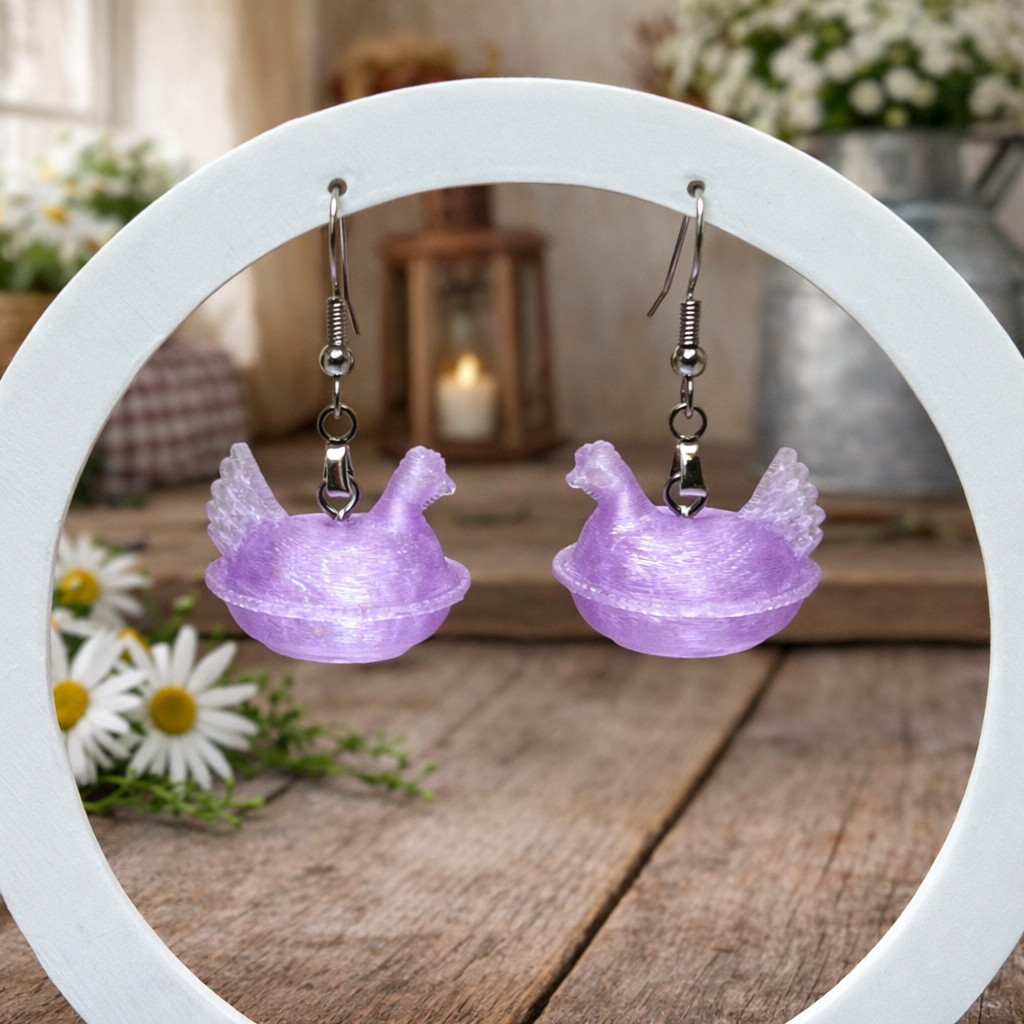 Hen on Nest HON Chicken Earrings Farmhouse Hypoallergenic Translucent Purple