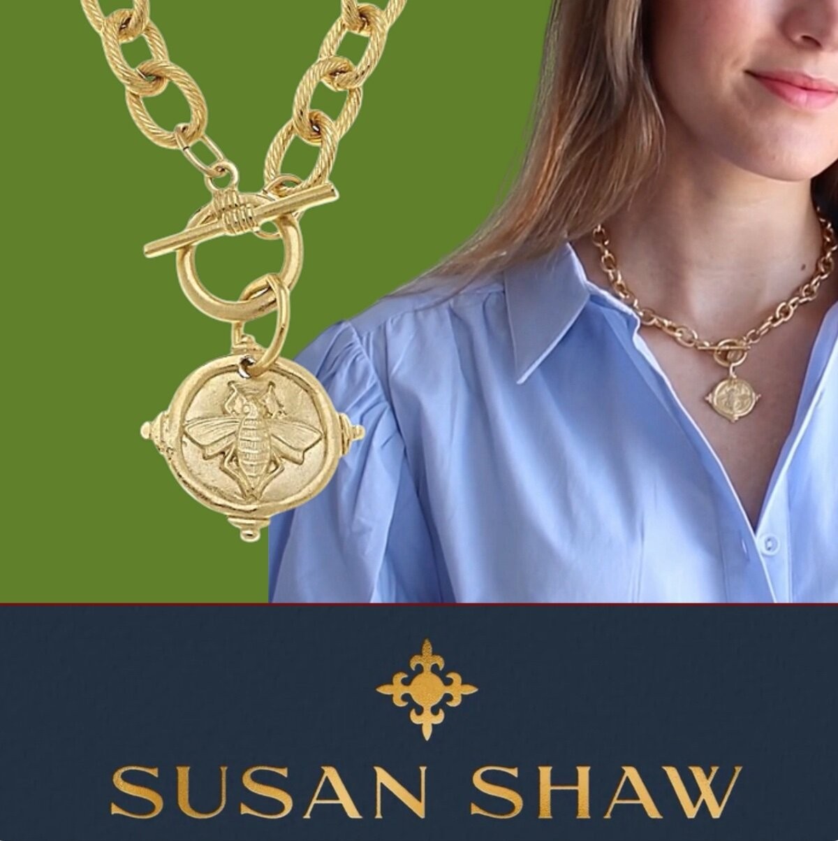 Susan Shaw Gold Bee Intaglio Front Toggle Necklace 24kt TGP
