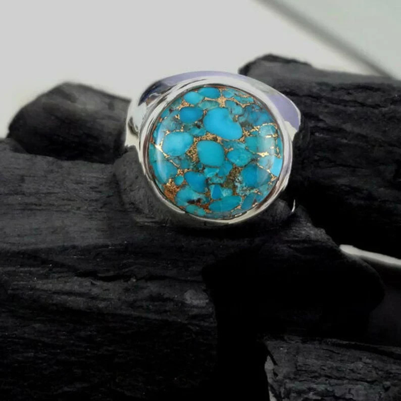 Solid 925 Sterling Silver AA Natural Copper Turquoise Gemstone Men’s Unisex Ring