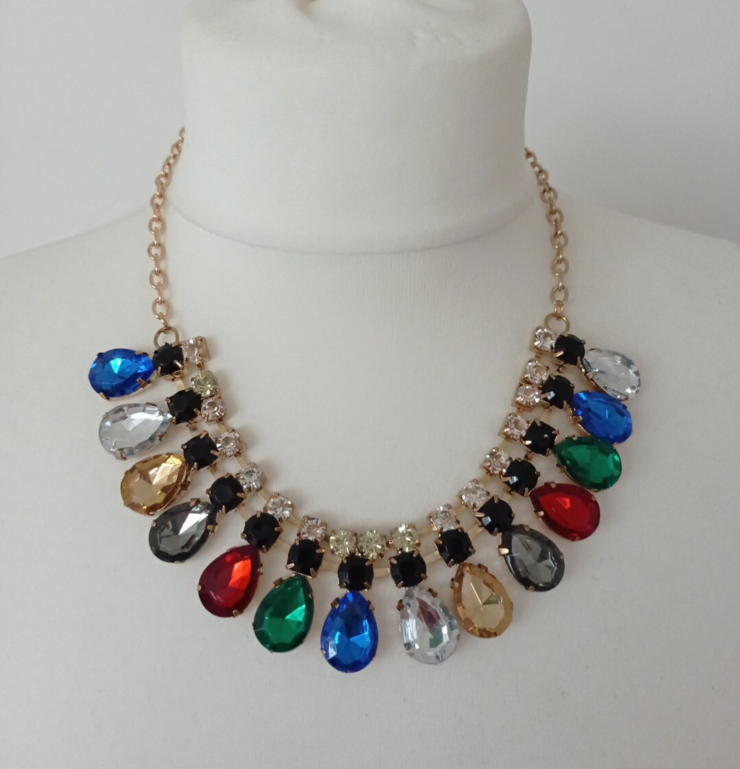 Retro Gold Tone Faceted Clear/Black&Multicolour Rhinestone Beads Necklace-L47cm